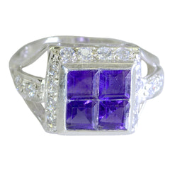 Emi sterling silver purple halo ring for women with square purple gemstones and pave diamond accents