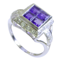 Emi purple halo ring for women with square amethyst center and diamond halo on white gold band