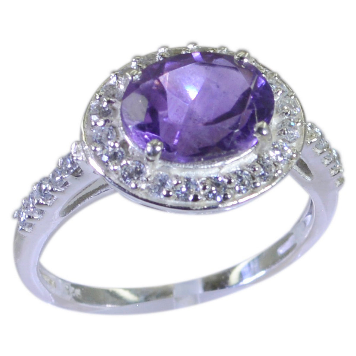 Yasmin purple halo ring with oval purple gemstone center surrounded by sparkling halo and pave diamond band