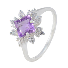 Hua silver ring with a square purple gemstone surrounded by clear stones purple halo ring