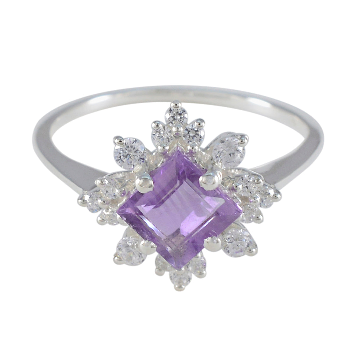 Hua purple halo ring with square purple gemstone and clear crystal accents on silver band