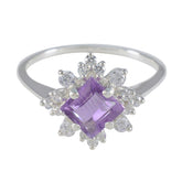 Hua purple halo ring with square purple gemstone and clear crystal accents on silver band