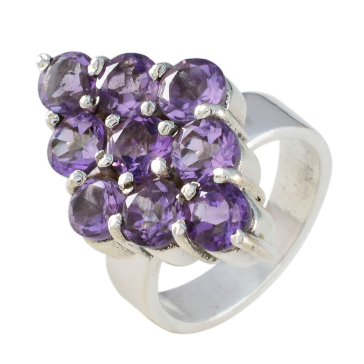 Penelope purple navratna ring sterling silver band with cluster of nine round amethyst gemstones