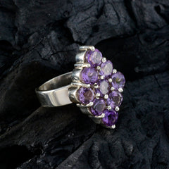 Penelope purple navratna ring with clustered amethyst gemstones in sterling silver floral setting