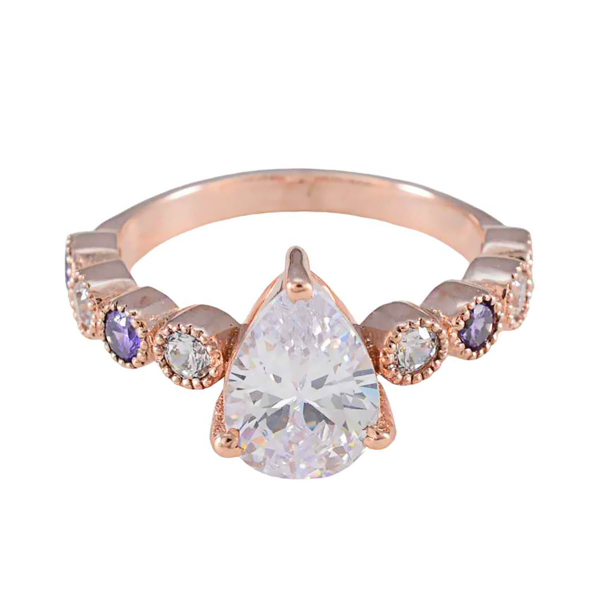 Stella purple navratna ring with pear-shaped center stone and alternating purple and clear gemstones