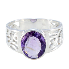 Bianca purple solitaire gemstone ring with intricate silver band detailing