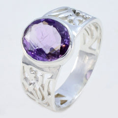 Bianca purple solitaire gemstone ring with intricate silver band design
