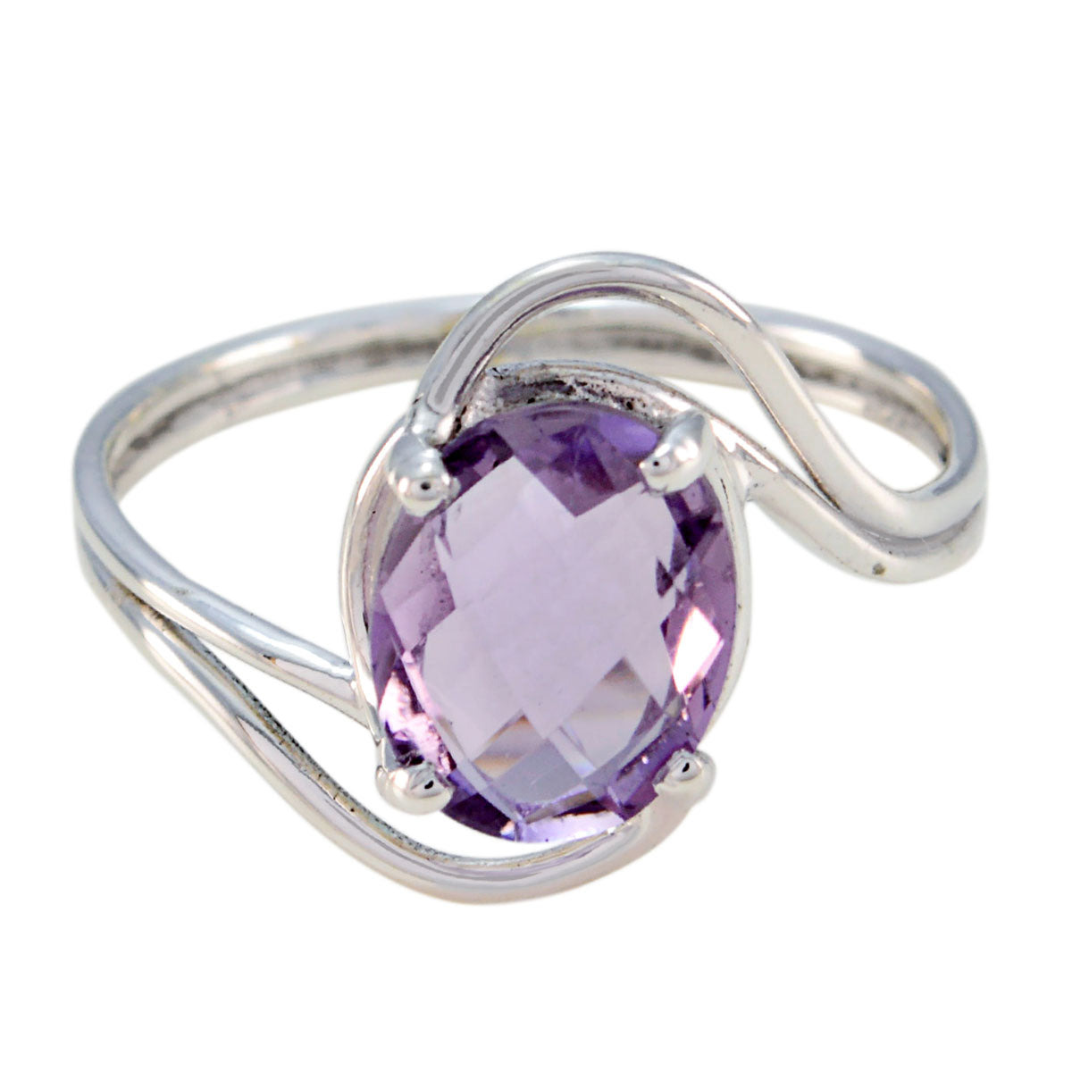 Ying sterling silver ring with oval faceted amethyst and swirled split shank purple solitaire ring