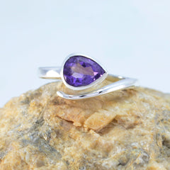 Riley purple solitaire ring for women with teardrop shaped gemstone set in silver band
