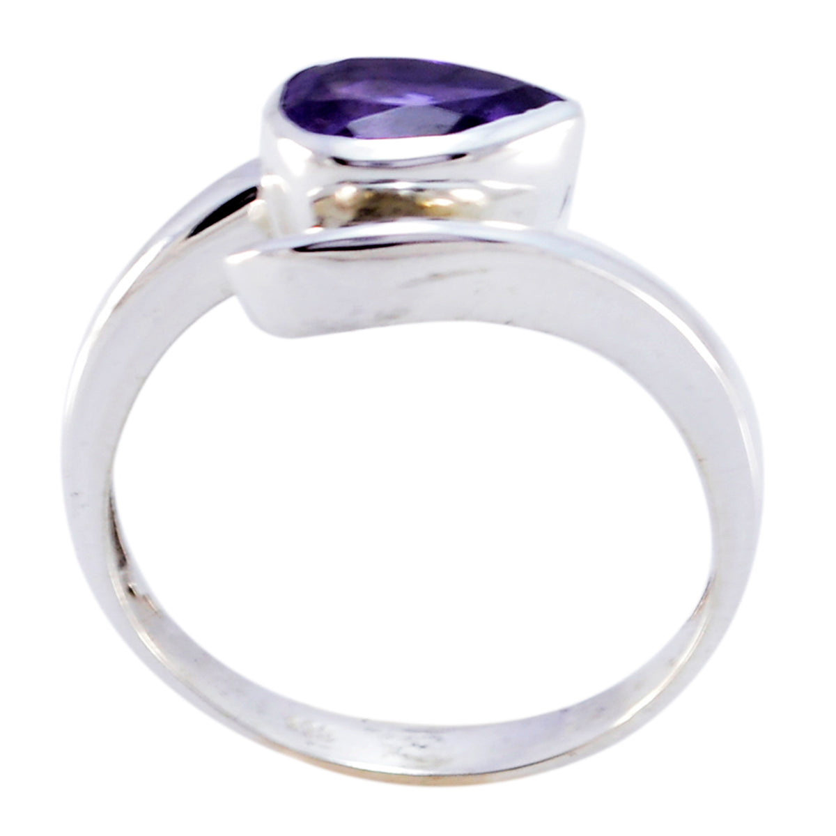Riley purple solitaire ring for women with a pear-shaped purple gemstone set on a silver band