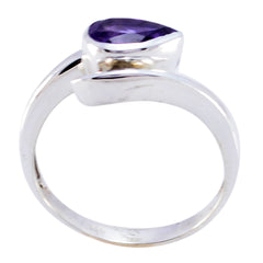 Riley purple solitaire ring for women with a pear-shaped purple gemstone set on a silver band