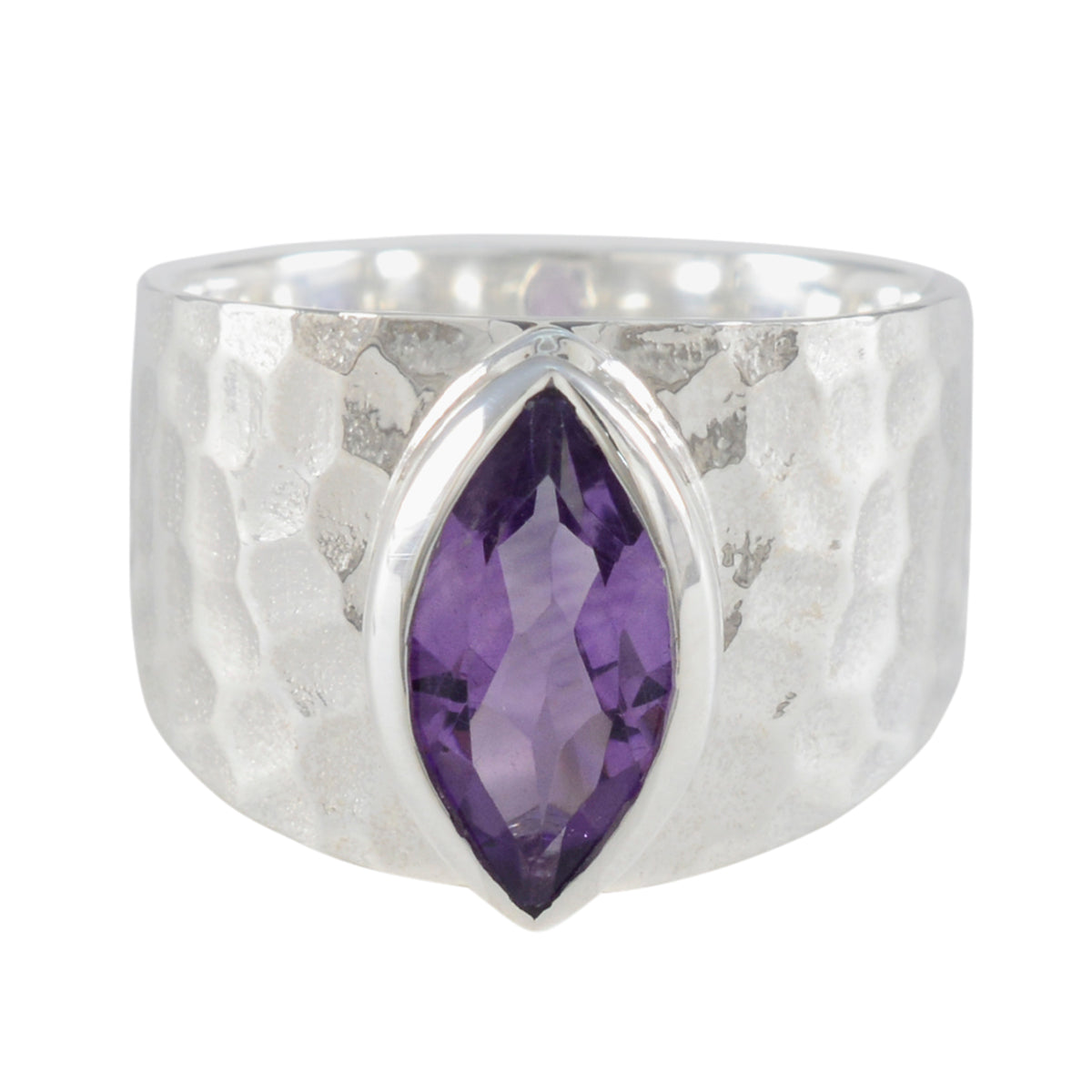 Siti silver ring featuring a marquise-cut purple solitaire ring gemstone with a hammered band design