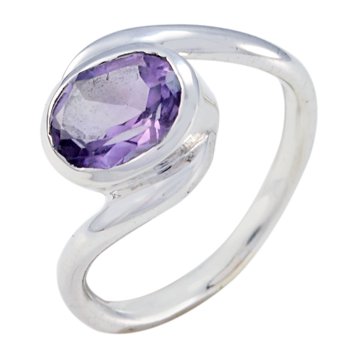 Angel purple solitaire ring with oval faceted gemstone set in twisted silver band