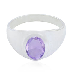 Anna sterling silver ring with oval faceted purple solitaire ring in bezel setting for everyday wear