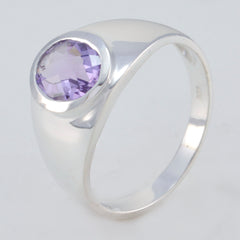 Anna sterling silver purple solitaire ring with bezel set round amethyst on polished band