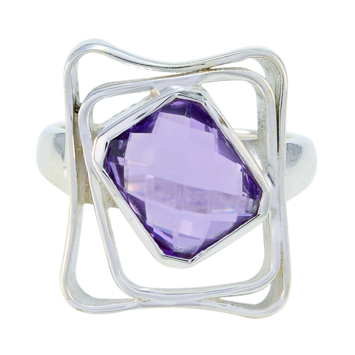 Freya Purple Solitaire Ring with Geometric Silver Design Amethyst Purple