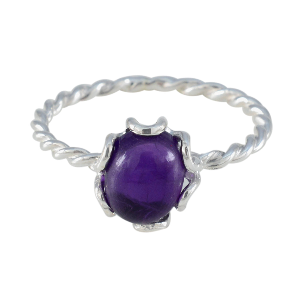 Yan purple solitaire ring with twisted silver band and deep purple gemstone centerpiece