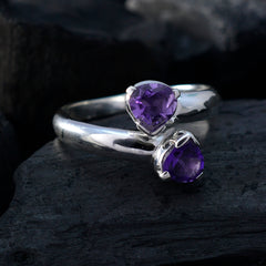 Teresa silver ring featuring two heart-shaped purple gemstones purple toi et moi ring