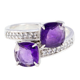 Natalia purple toi et moi ring with two cushion amethyst stones and diamond pave white gold band