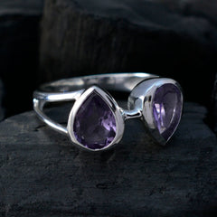 Silver purple toi et moi ring with two pear-shaped amethyst stones by lara