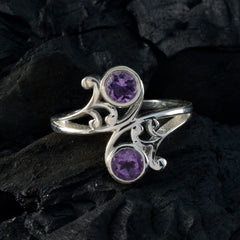 Angel silver filigree ring with two round amethyst stones in a purple toi et moi ring with elegant swirl design