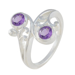 Angel sterling silver purple toi et moi ring with two round purple gemstones and scroll filigree design