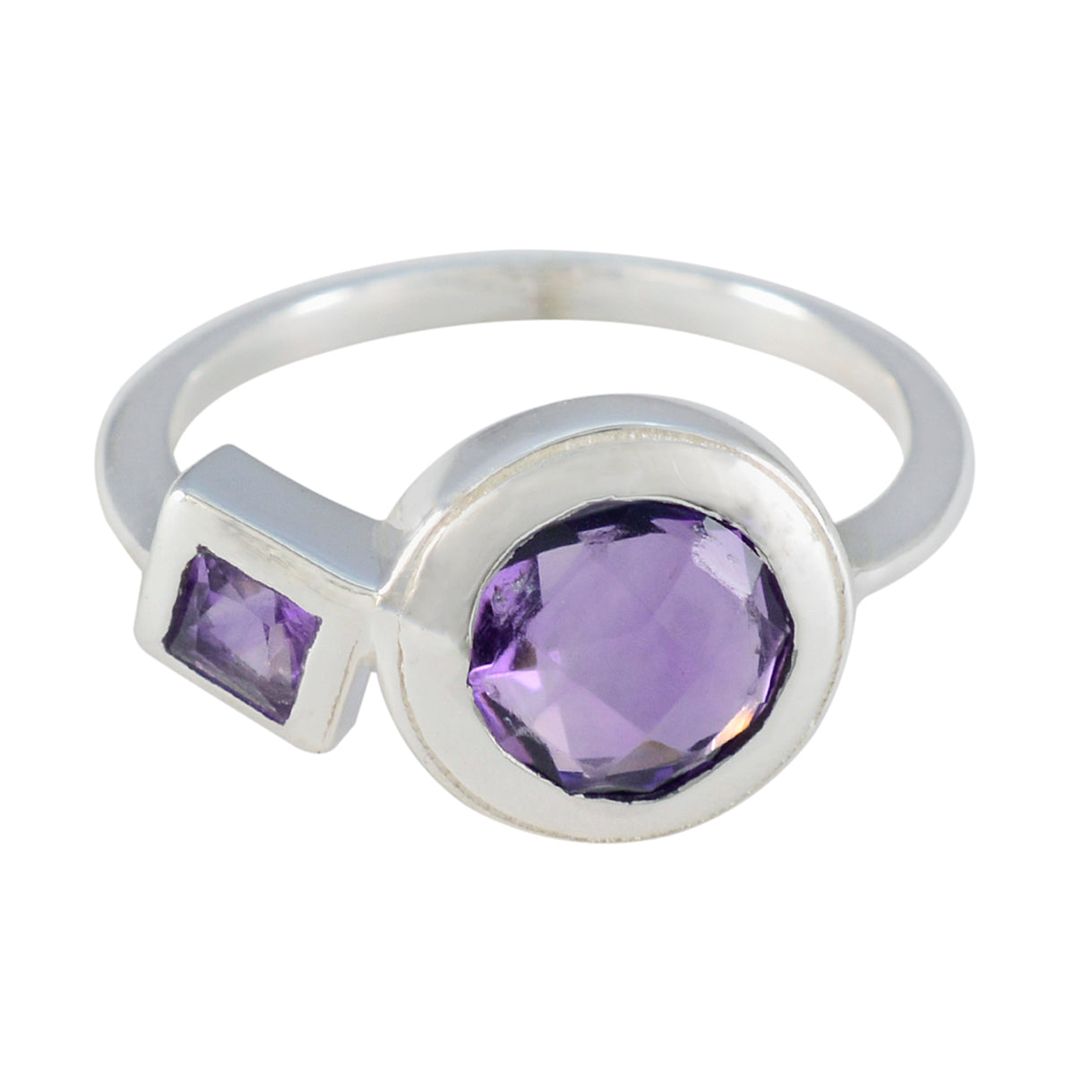 Putri purple toi et moi ring with two faceted purple gemstones set in silver band