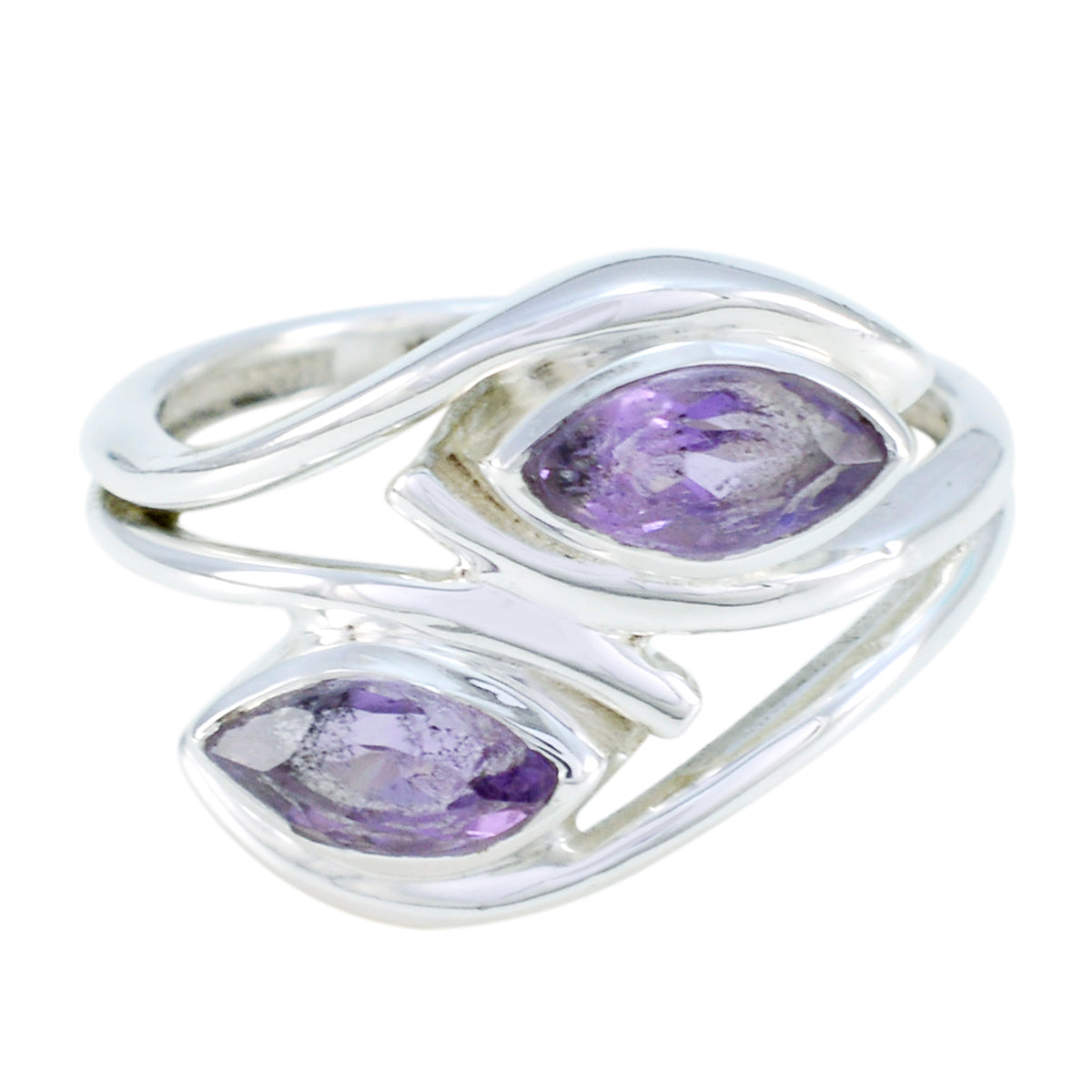 Lakshmi sterling silver purple toi et moi ring with two marquise amethyst stones and open crossover band