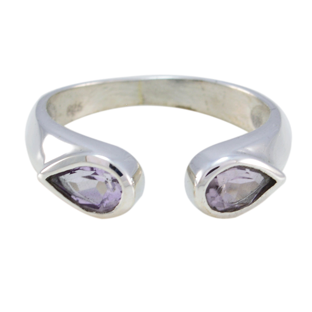 Mila sterling silver open band with two pear shaped amethyst stones purple toi et moi ring
