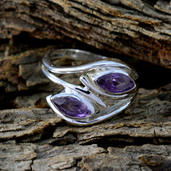 Lakshmi silver purple toi et moi ring with two marquise amethyst stones in leaf swirl design