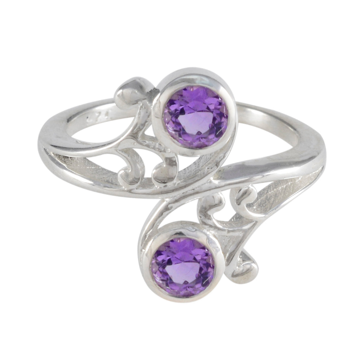 Angel sterling silver purple toi et moi ring with two round amethyst stones and filigree swirl band