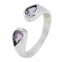 Mila silver open band purple toi et moi ring with two pear shaped light purple gemstones for stacking