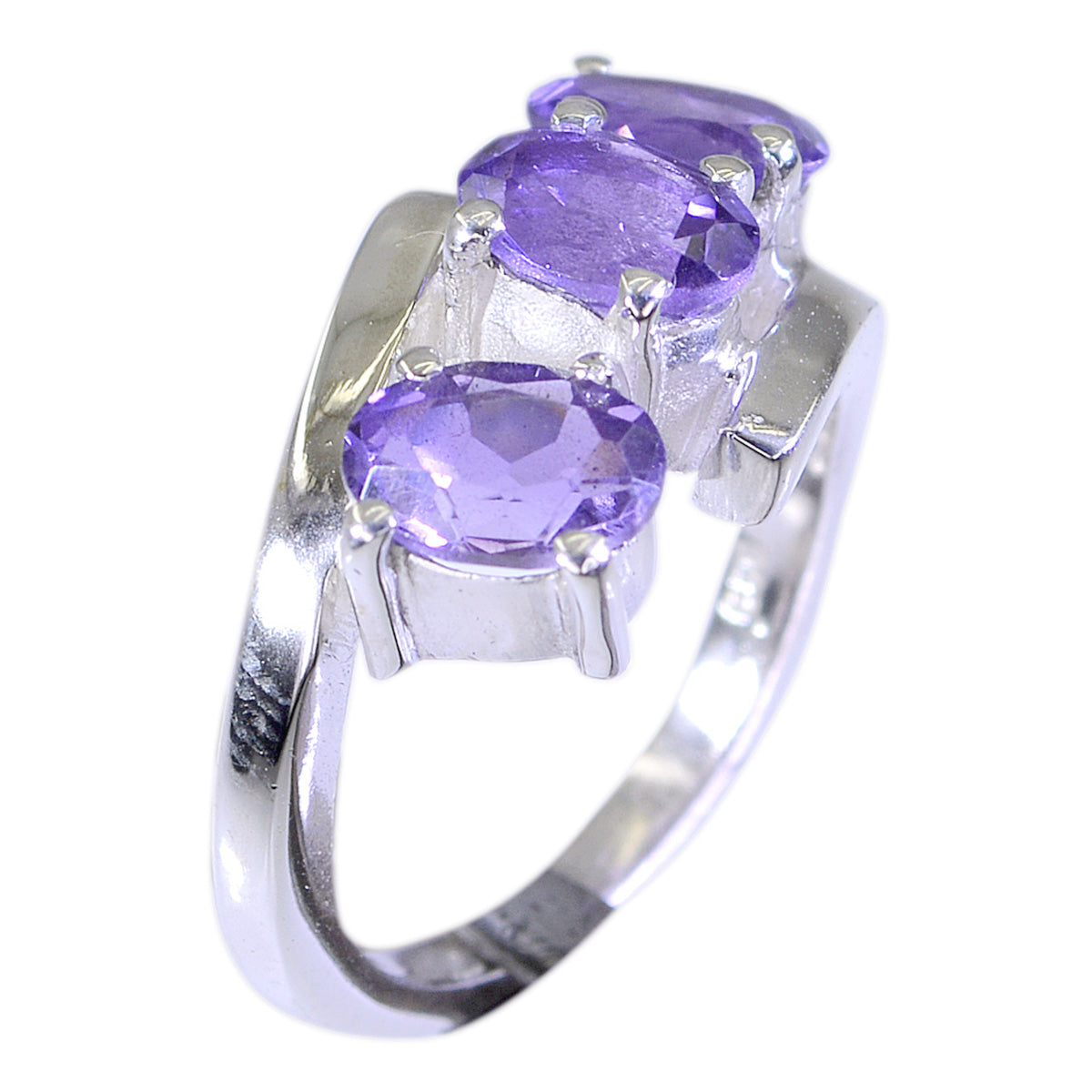 Victoria silver band purple trilogy gemstone ring with three oval faceted amethyst stones in prong settings