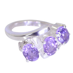 Victoria silver ring with three oval amethyst stones in prong setting purple trilogy gemstone ring