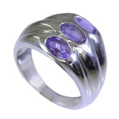 Ines polished silver band purple trilogy ring with three oval faceted amethyst stones