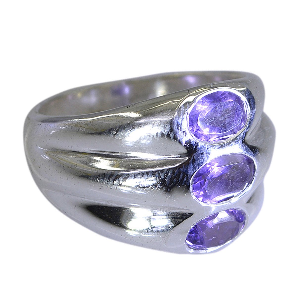 Ines silver band purple trilogy ring with three oval purple gemstones in bezel setting