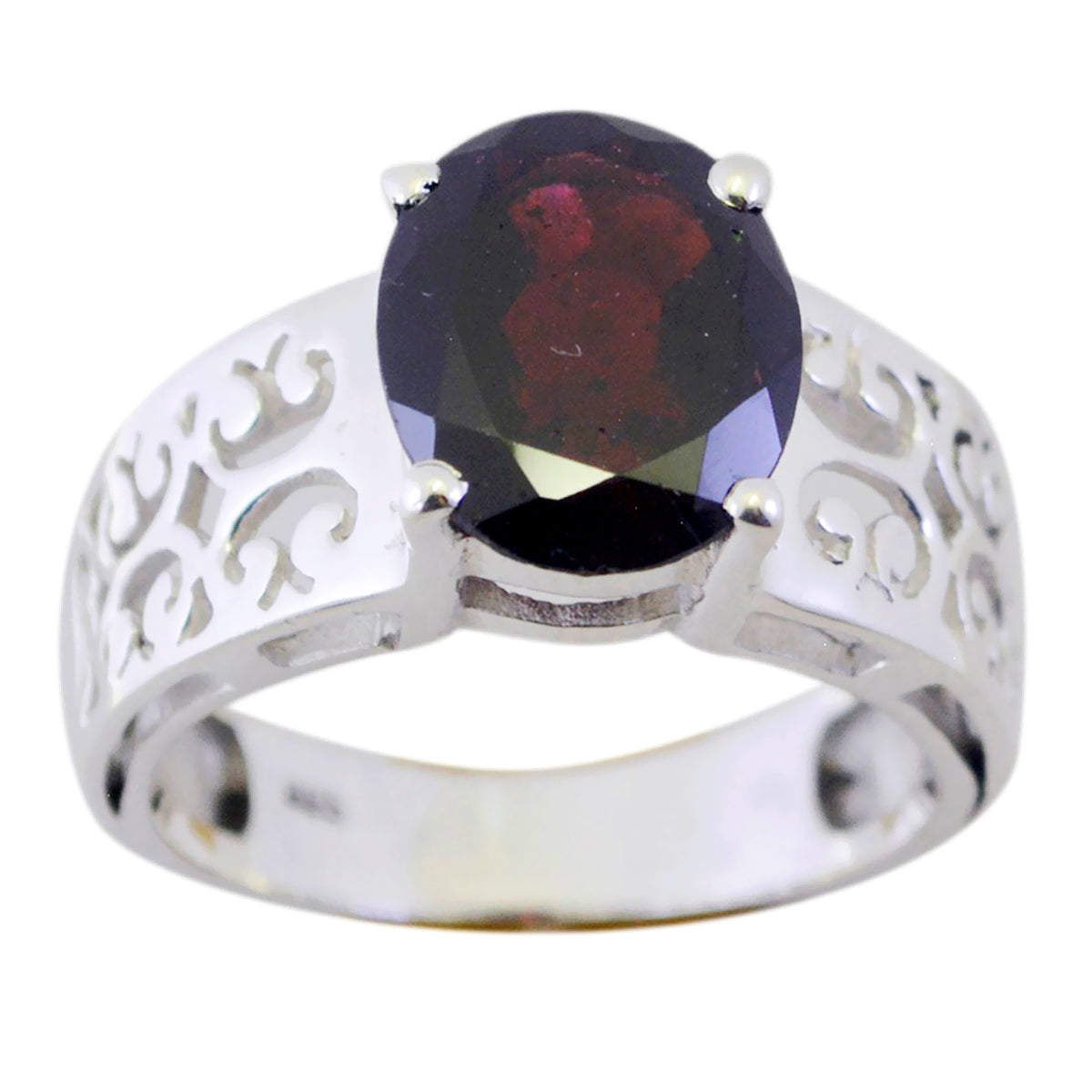 Putri Filigree Red Solitaire Ring with Intricate Design Garnet Red
