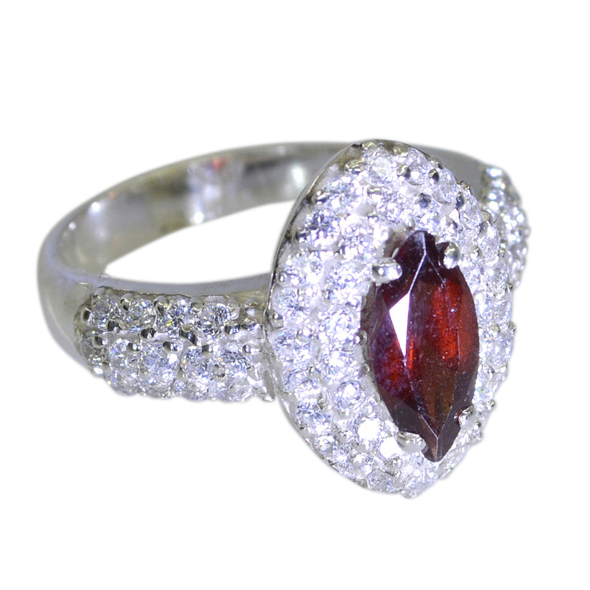 Meera elegant red abstract halo ring with marquise red center stone surrounded by small clear crystals