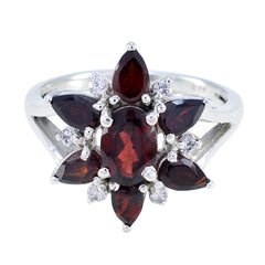 Lorena sterling silver red floral gemstone ring with marquise and oval garnet petals and diamond accents
