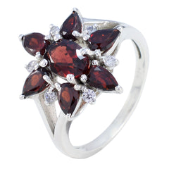 Lorena silver red floral gemstone ring with deep red garnet petals and clear accent stones