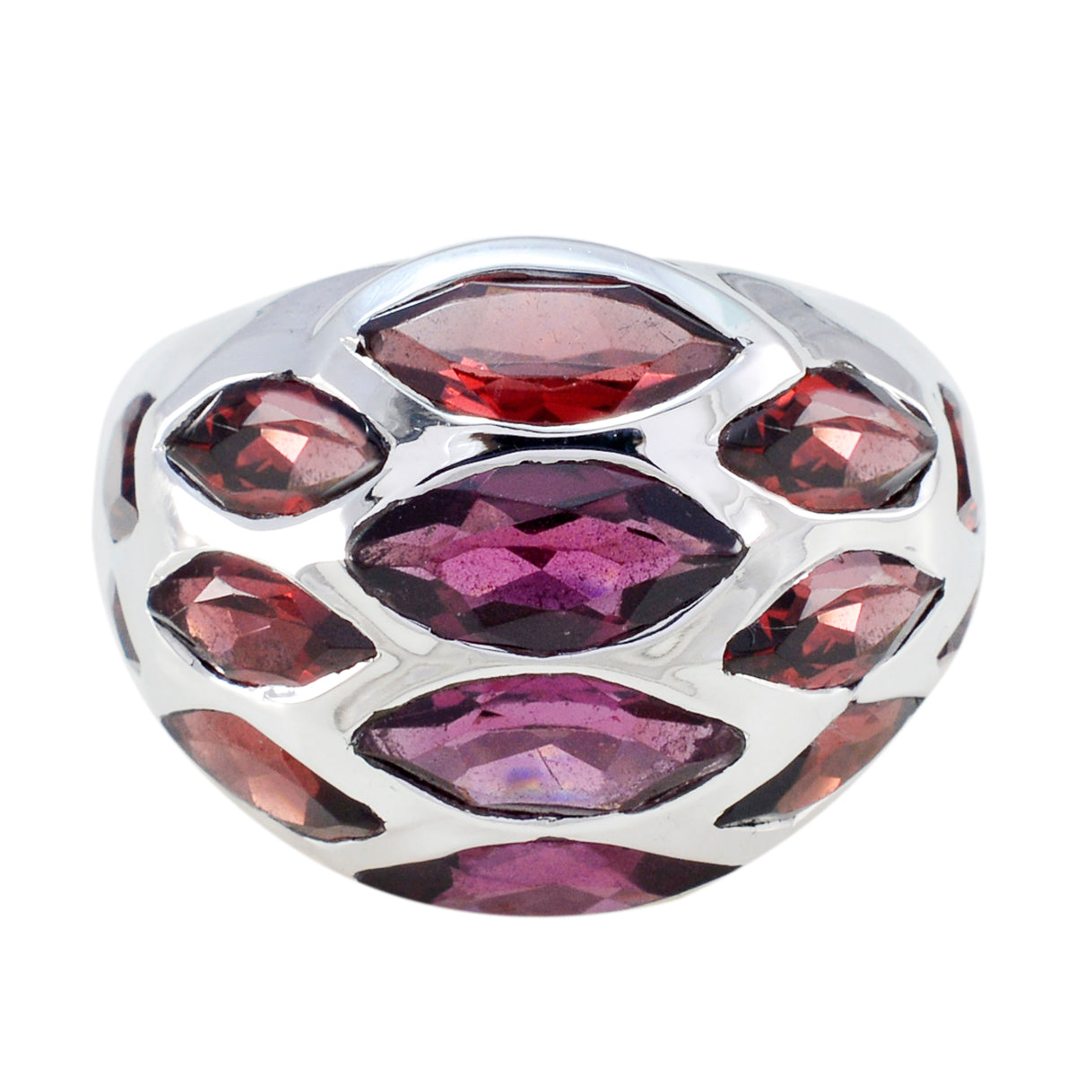 Camila red gemstone armor ring with multiple marquise-cut red and purple gemstones in silver setting