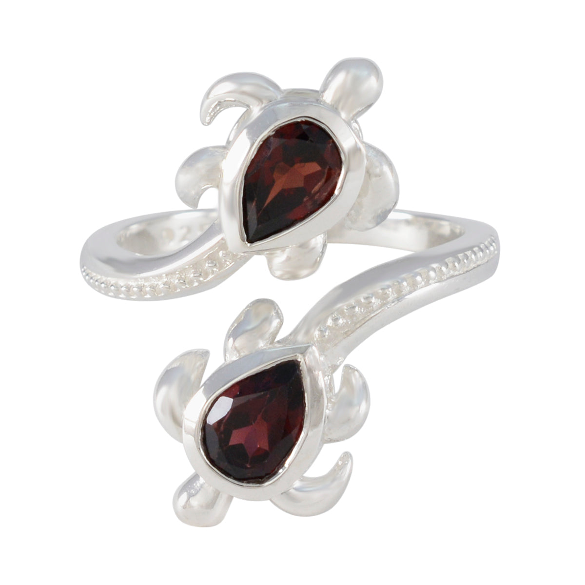 Carolina silver ring featuring two red gemstones shaped like turtles red gemstone fashion ring