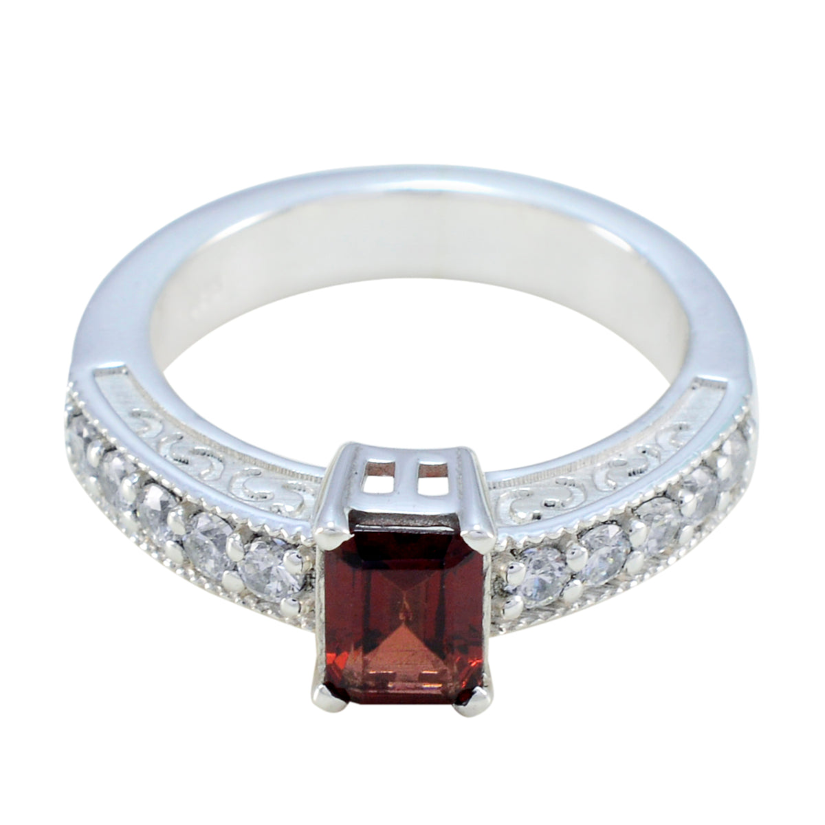 Victoria red gemstone halo ring with rectangular red stone and clear stones on silver band