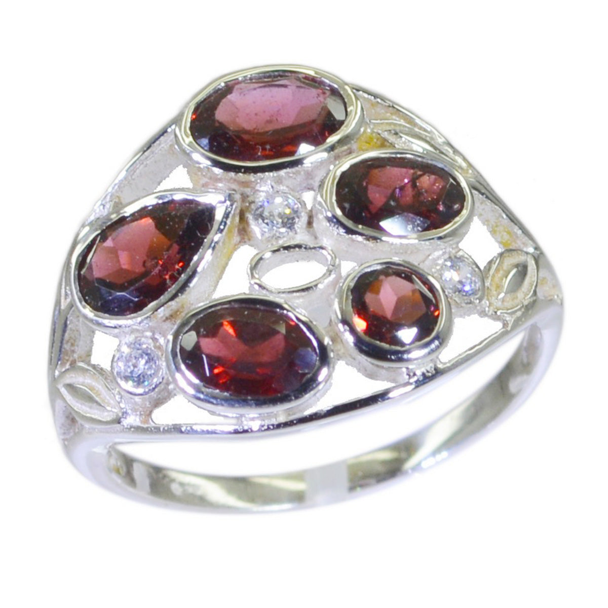 Julia red gemstone ring for women with multiple red stones set in silver band