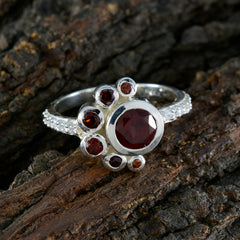 Li Lee sterling silver red gemstone ring for women with central round garnet and pave crystal band