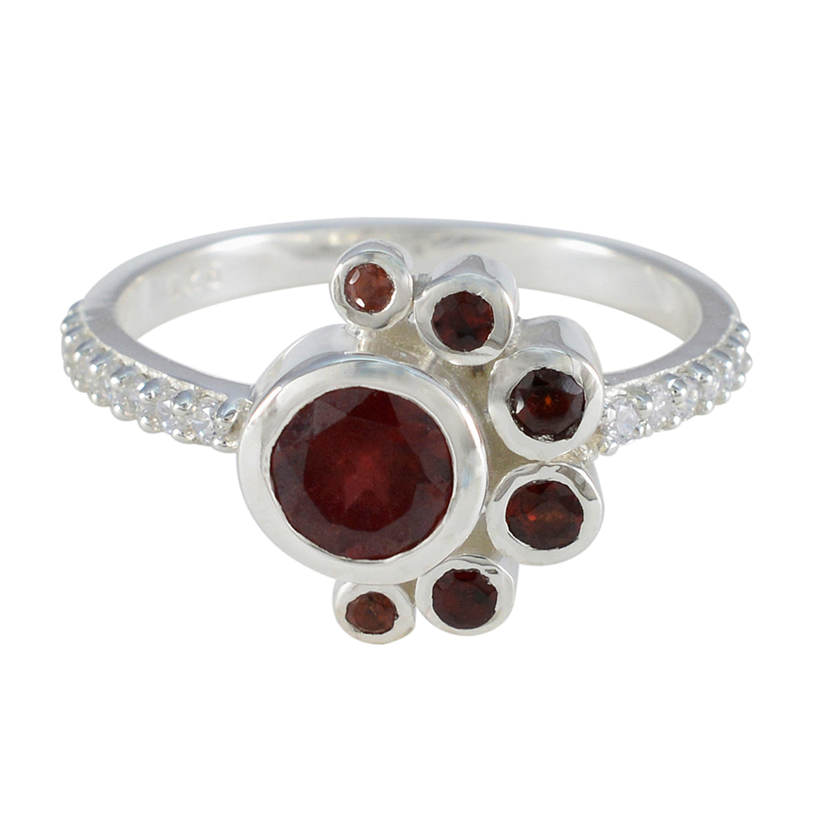 Li Lee sterling silver ring with central round red garnet cluster of smaller garnets and pave band red gemstone ring for women