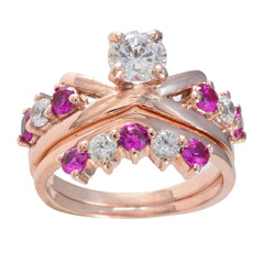 Naomi rose gold engagement and wedding set with clear center stone and rubies red gemstone stacking ring