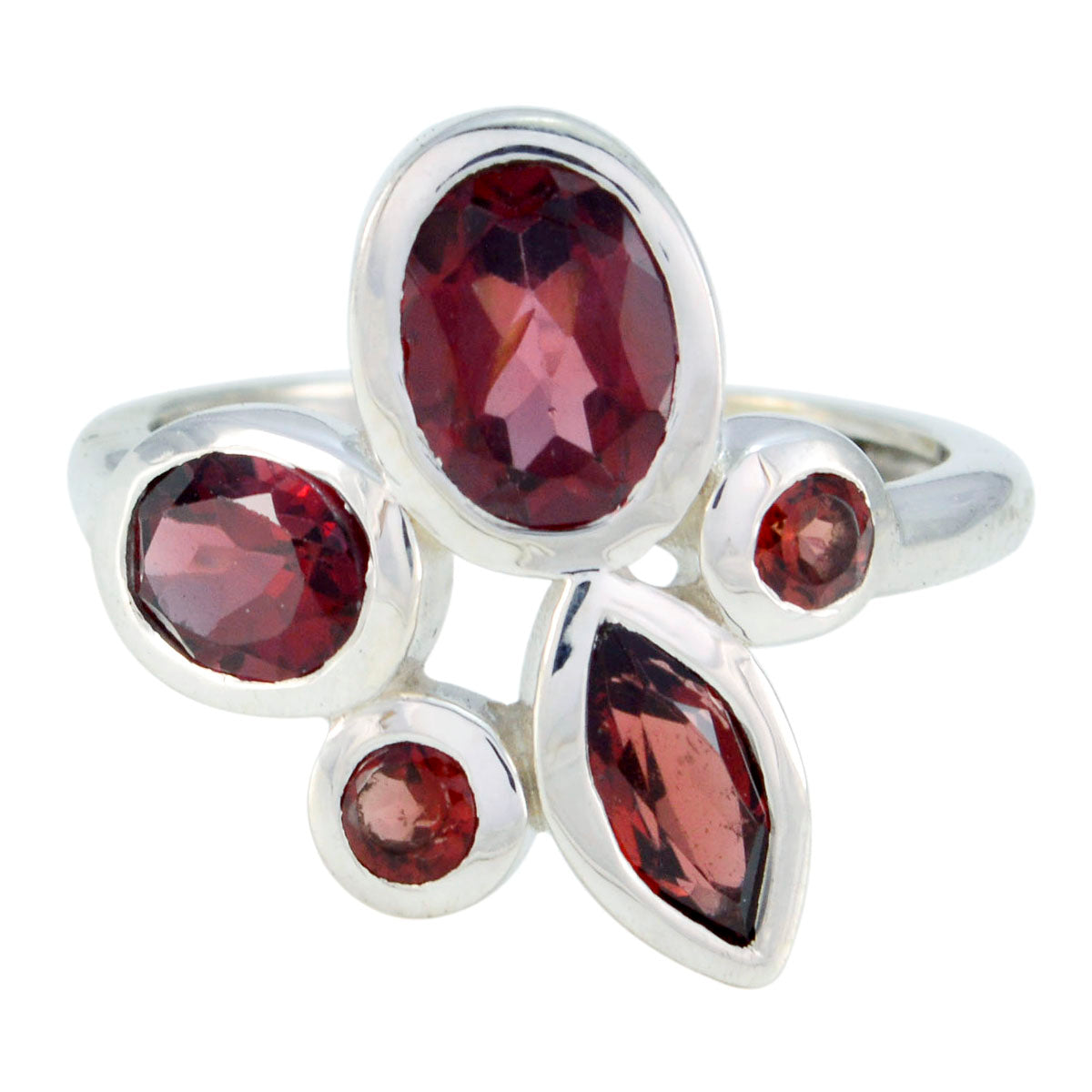 Bianca red gemstone statement ring with multiple faceted red stones set in silver band