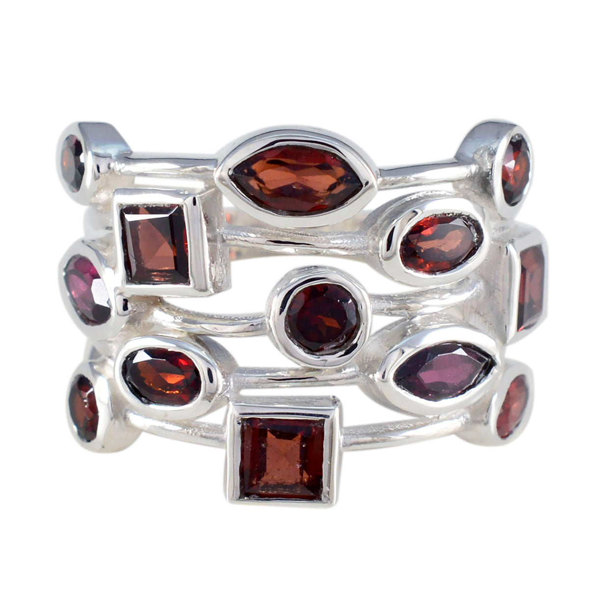 Freya silver ring with multiple red gemstones in various shapes red gemstone statement ring
