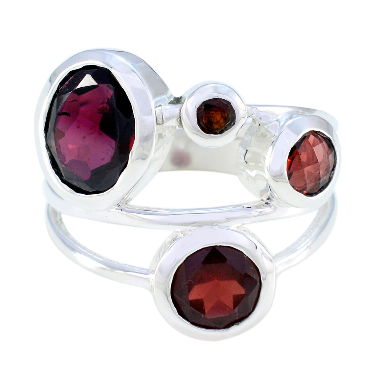 Nisa red gemstone statement ring with multiple deep red stones set in polished silver band